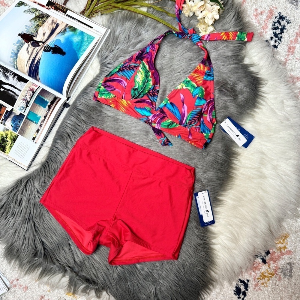 NEW Caribbean Joe Tropical Two Piece Bikini & Boy Shorts Women’s Swimsuit Sz 8 - Picture 2 of 2